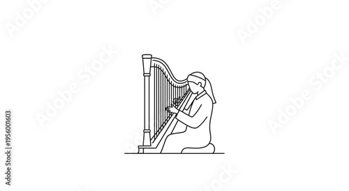 Musician Playing Harp - Minimalist Line Art Illustration