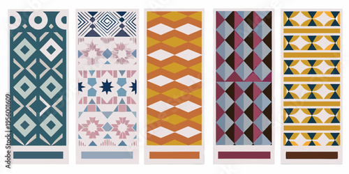 A collection of six vertically oriented patterned bookmark designs
