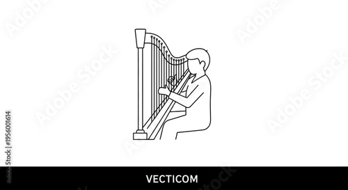Musician Playing Harp: Line Art Illustration of a Person Enjoying a Musical Instrument