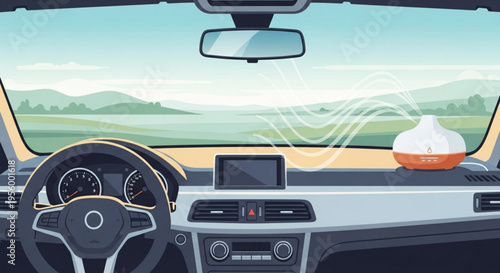 Car interior with air freshener and scenic view of green hills through windshield on sunny day