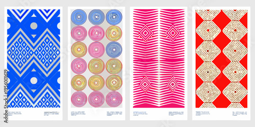 Four vibrant vertically oriented patterned panels with geometric designs