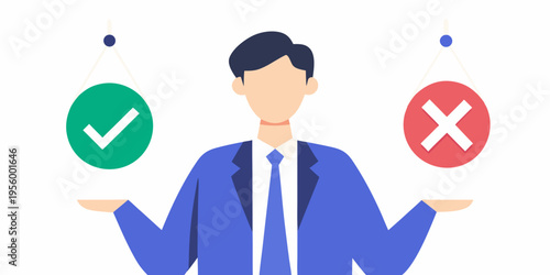 Man contemplating a decision between positive and negative options