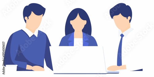 Three faceless people with a laptop illustration in blue tones