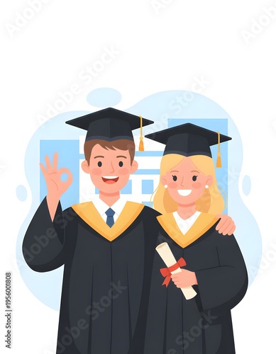 Two happy and successful university graduates a man and a woman in caps and gowns are smiling and holding a diploma proudly.