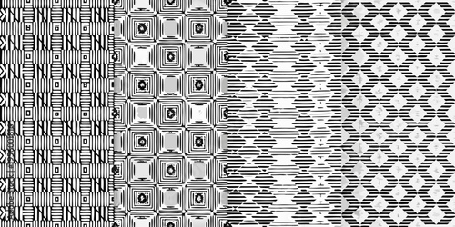 Abstract black and white geometric patterns create a textured visual design
