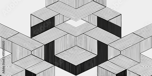 Intricate geometric pattern of stacked rectangles in black and white