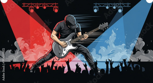 Musician plays electric guitar on stage with spotlight and crowd