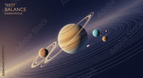Planets with rings orbit in a harmonious celestial balance showcasing jupiter like planet and smaller moons in a cosmic dance
