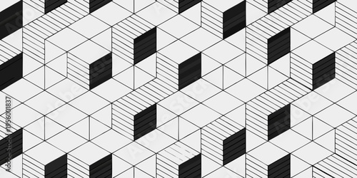 Geometric abstraction featuring black and white cubic shapes in a repeating pattern
