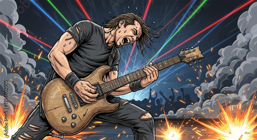 Rock musician playing electric guitar energetically on explosive stage with colorful laser beams and smoke
