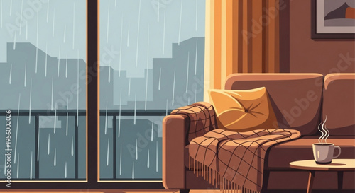 Cozy living room with couch steaming coffee on rainy day city view