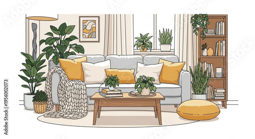 Cozy living room interior with gray sofa yellow pillows plants wooden coffee table and bookshelf warm lighting comfortable home decor