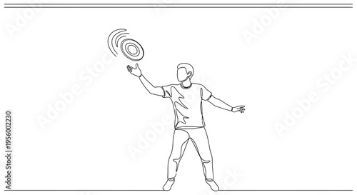 Man juggling frisbee in the air, continuous line drawing, isolated on white background