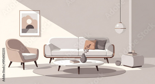 Modern living room interior with beige couch chair coffee table and lamp