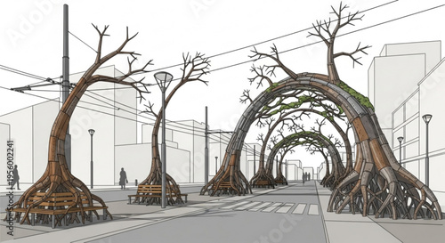 Futuristic urban landscape with tree archways and bare trees on a gray city street with buildings