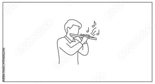 Man playing flute, musical notes flying out, simple line drawing, white background