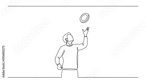 Man throwing frisbee in the air, single line drawing, minimalist, active lifestyle