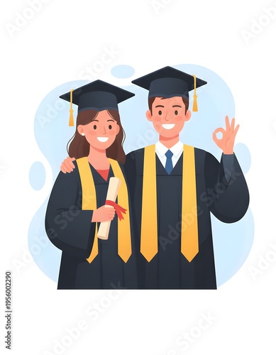 Two happy and successful university graduates a man and a woman in caps and gowns are smiling and holding a diploma proudly.