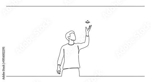 Man reaching for a flying object, minimalist line art, concept of dreams and aspirations