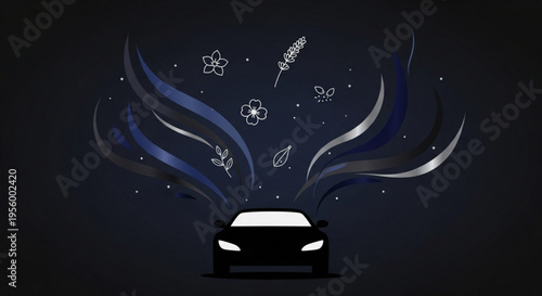 Car emits eco friendly particles on dark background with abstract swirls