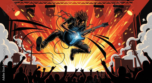 Electric guitarist jumping high on vibrant orange stage with crowd cheering wildly