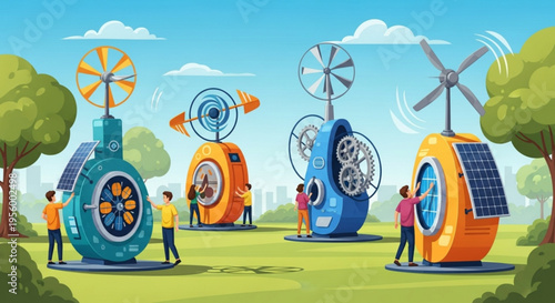 People interacting with colorful eco friendly renewable energy machines with solar panels and wind turbines in a park