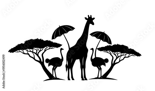 African wildlife silhouette composition with giraffe ostriches and acacia trees bold vector design