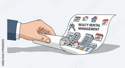 Hand holding property management document with buildings and keys for realty rental services