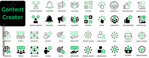 Silhouette vector of Content Creator icon set. Content Creator solid icon set. featuring icons of media, content, live streaming, rating, like, subscribe and more. 
