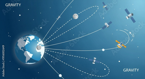 Satellites orbiting earth with gravity lines in space illustrating satellite technology and celestial mechanics