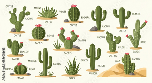 Variety of cacti and succulents in desert landscape with labels