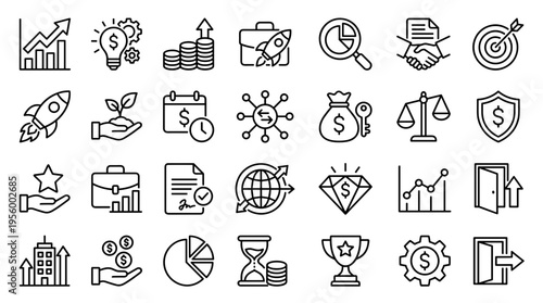 Business and Finance Line Icons Set for Professional Growth and Strategy Planning