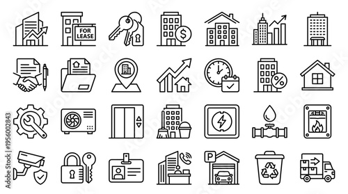 Real Estate and Property Management Thin Line Icon Set