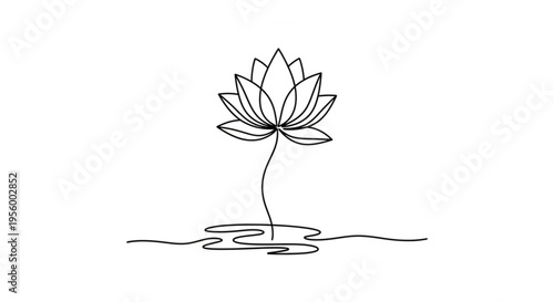 Minimalist line art lotus flower in water simple elegant design black outline on white background symbolizing serenity and beauty