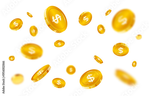 Gold coins explosion. Financial wealth concept floating dollar coins illustration. Coins burst and explode wealth, jackpot, treasure, and finance background