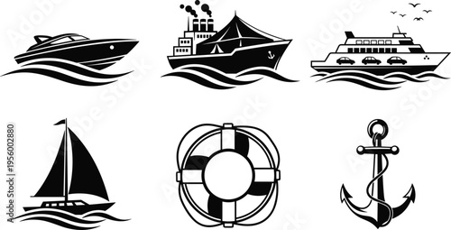 marine transport icon set, boat ship yacht ferry sailboat anchor lifebuoy vector, nautical ocean travel symbols, black silhouette design