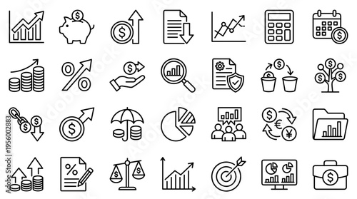 Set of financial and business icons for data analysis and investment management