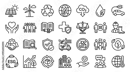 Set of ESG and Sustainability Icons for Corporate Social Responsibility and Green Energy Concepts