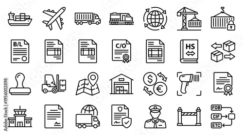 Logistics and Supply Chain Management Line Icons Set