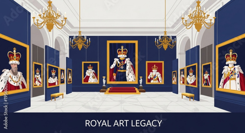 Royal art gallery interior with monarch portraits on blue walls and gold frames