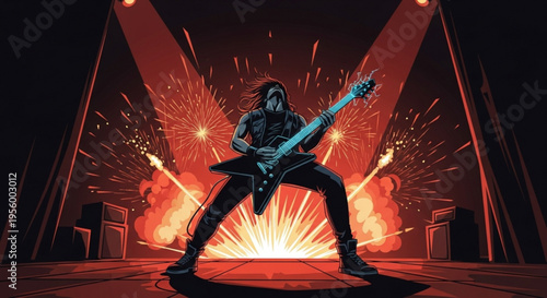 Electric guitarist performing on stage with pyrotechnic background