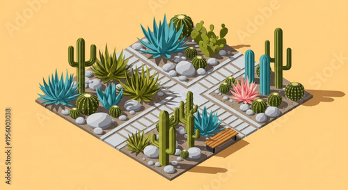 Isometric cactus garden with succulents and rocks on a bench in a desert landscape design