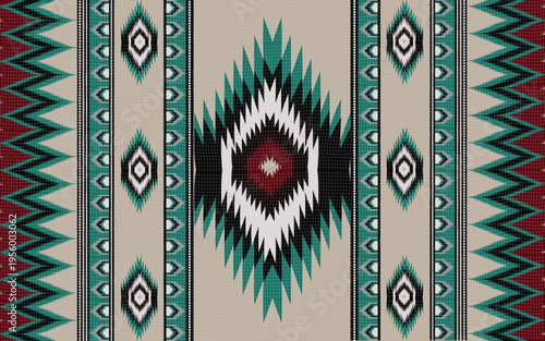 A beige woven rug with a central diamond sunburst and zigzag borders