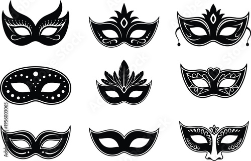Mask, carnival, masquerade, party, venetian, costume, decoration, festival, mystery, elegant, ornate, black, silhouette, icon, set, design, vector, illustration, collection, theatrical