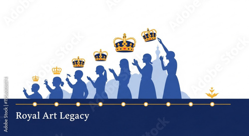 Silhouettes of royal family members waving with crowns on white and blue background with golden accents