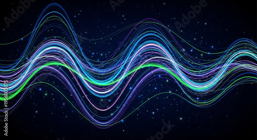 Vibrant multicolored wavy lines against a starry night sky background with neon hues and dynamic movement