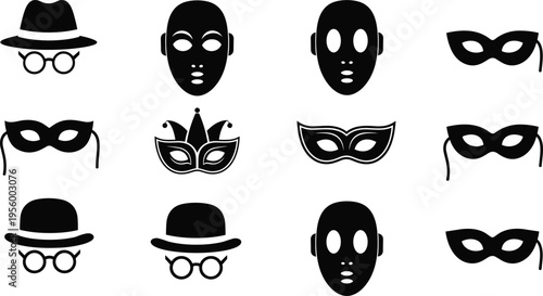 Mask silhouette vector illustration collection, disguise icons, masquerade artwork, anonymity symbol, costume design, identity concealment, decorative motif, flat vector illustration