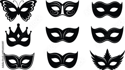 mask, set, vector, illustration, carnival, masquerade, venetian, costume, party, silhouette, black, white, icon, collection, festival, mystery, elegant, face, design, decorative
