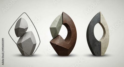 Three abstract geometric sculptures in glass wood and stone on a white background modern art pieces with unique shapes and textures