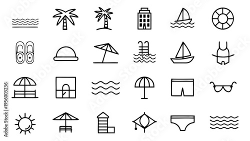 A collection of forty-five white outline icons for resort activities such as golf and snorkeling is displayed on a solid black background.